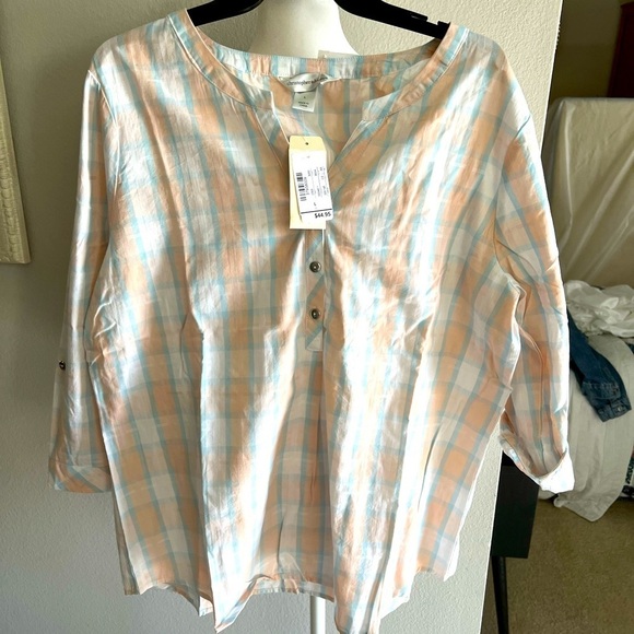 Christopher & Banks plaid pastel three bottom placket front cotton blouse Size L - Picture 6 of 14